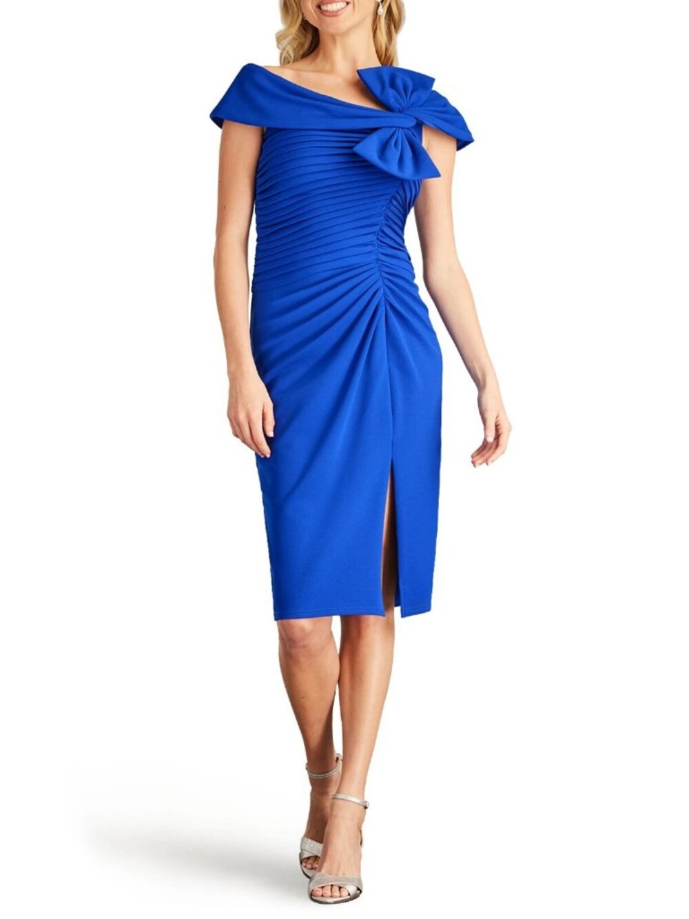 Tadashi Shoji Darina Off-Shoulder Draped Bow Paty Cocktail Dress Blue Size L